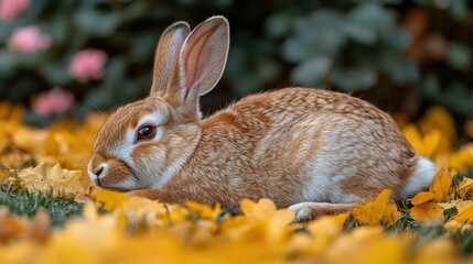 Fototapeta premium Autumn Rabbit in Golden Leaves