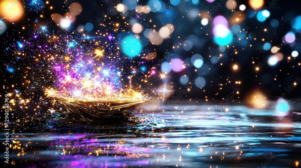 Poster cosmic display of shimmering iridescent celestial particles dancing across a captivating night sky b