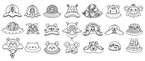 Monochrome outline illustration featuring a collection of children's bucket hats with fun and creative designs, great for coloring or design projects.
