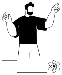 Man gesturing dynamically, black shirt, abstract style. Ideal for science, innovation, education, creativity, leadership, wellness abstract line flat metaphor