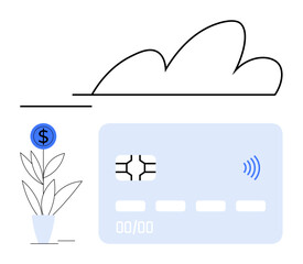 Money plant growing with dollar sign, cloud symbolizing technology, blue credit card with contactless icon. Ideal for fintech, banking, savings, investments, digital payment, cloud tech abstract