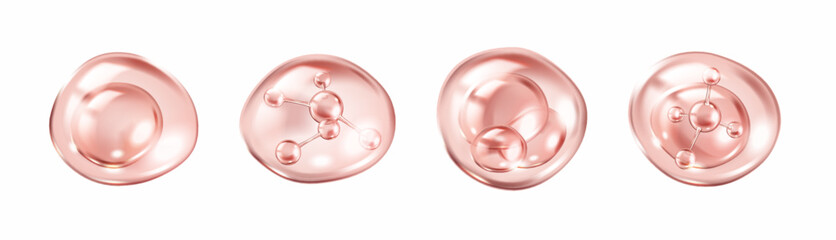 Pink serum drops with collagen molecules realistic color icons set. Glossy bubbles innovative skincare 3d objects bundle on white background