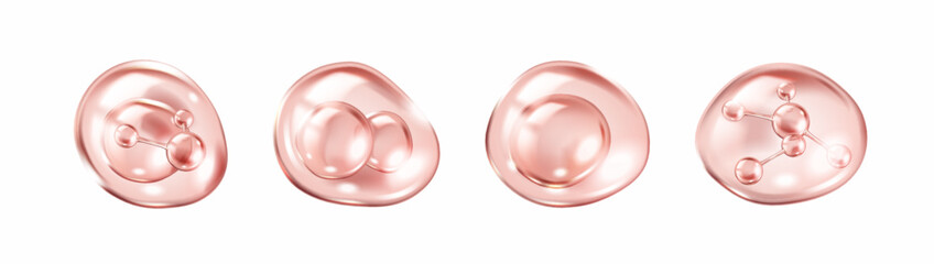 Pink collagen molecules inside transparent bubbles realistic color icons set. Skincare and beauty advertising 3d objects bundle on white