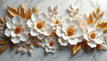 Obraz premium Intricate baroque floral wall art with golden leaves accents. Glaze metallic elegant sculpture relief on marble background. Ornate vintage detailed design. Luxury rich decor. Classic 3D flower