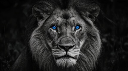 Fototapeta premium Majestic lion with blue eyes, intense gaze, dramatic lighting, raw power and grace. 