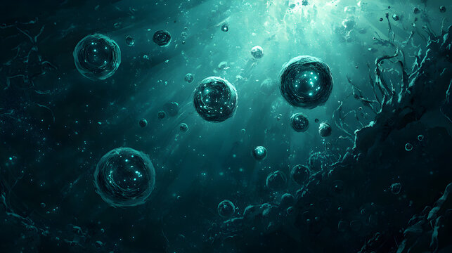 deep-sea background with floating plankton and tiny glowing particles in the abyss 