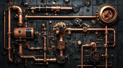 Steampunk-style copper pipes and gears on dark background.
