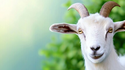 Obraz premium Curious goat portrait, green pasture background, farm animal