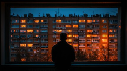 Night Cityscape: A Solitary Figure Gazing at Illuminated Apartment Buildings