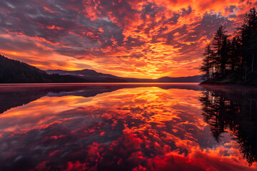 Sunset Serenity: Mesmerizing Reflection of Sunset Over Tranquil Lake Framed By Distant Silhouettes