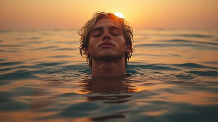 Golden Hour Serenity: A Young Man Finds Peace in the Ocean's Embrace at Sunset