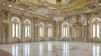 Fototapeta premium Ornate baroque-style white marble flooring with golden reflective swirls, glowing softly under diffused natural light