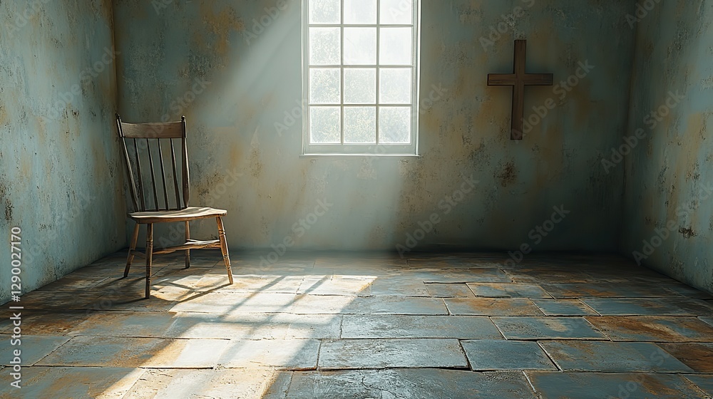 Poster cross on the wall in a simple room with a window and a chair