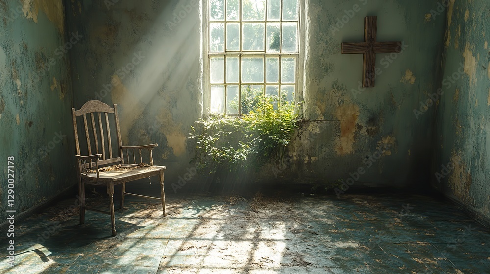 Poster cross on the wall in a simple room with a window and a chair