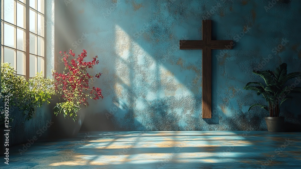 Aufkleber cross shadow on the wall of an empty room in the sunlight 3d render concept of religion