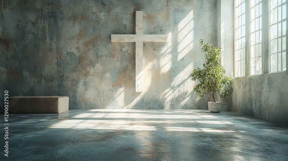 Aufkleber cross shadow on the wall of an empty room in the sunlight 3d render concept of religion