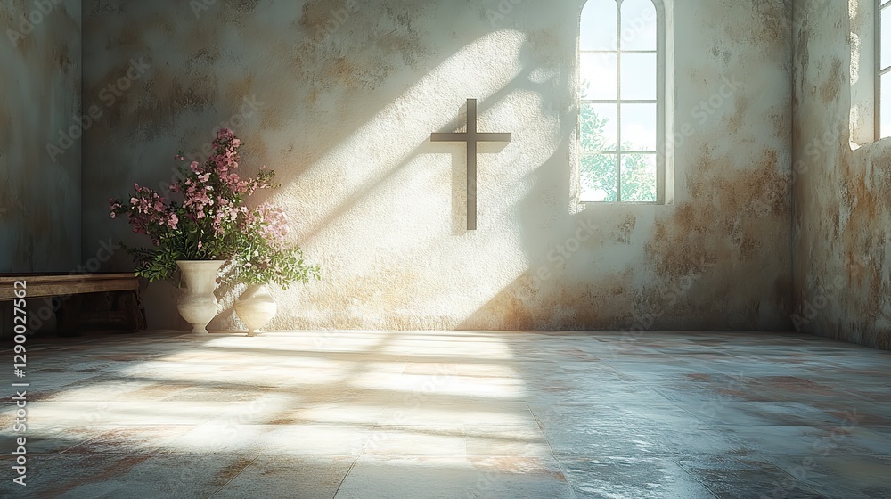 Poster cross shadow on the wall of an empty room in the sunlight 3d render concept of religion