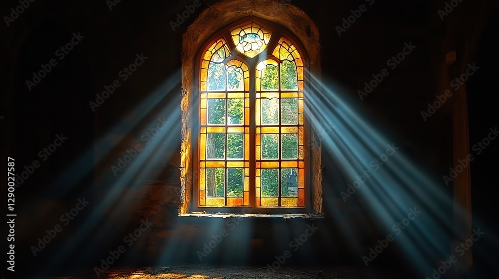 Poster cross shaped window in a dark room with rays of light coming through the window