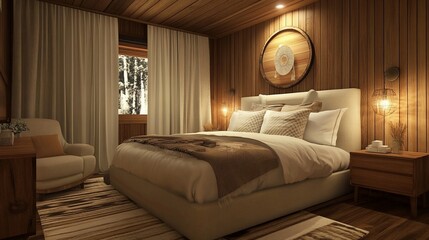 Cozy wooden bedroom with large bed, armchair, and window view.