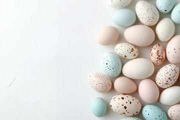 A high-resolution flat lay of pastel-colored Easter eggs arranged neatly on a smooth, neutral background