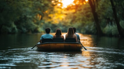 Sunset River Adventure: Friends Rowing on a Calm River