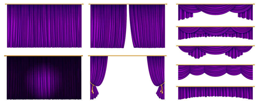Realistic 3D illustration of deep purple royal theater curtains, adding a dramatic and luxurious touch to stage performances and entertainment venues.