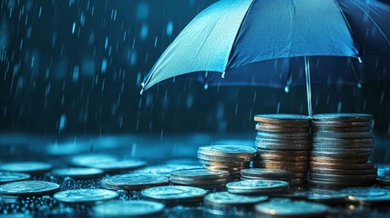 umbrella and stack of coins in the rain, concept of financial protection