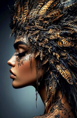 Woman with a feather headdress and gold and brown hair. The woman is wearing a gold and brown headdress, which is adorned with feathers. She has a natural, earthy look to her