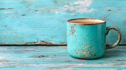 Teal mug of tea on rustic blue wood