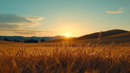 Wheat Field at Sunset with Golden Sunlight and Rolling Hills Landscape Warm Color Cast