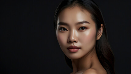 Naklejka premium 黒い背景 アジア人女性のポートレート（スキンケア・エステサロン）