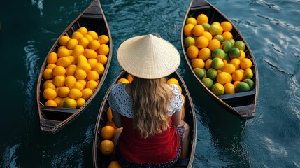 Woman in conical hat navigating boats brimming with citrus fruits on tranquil waters