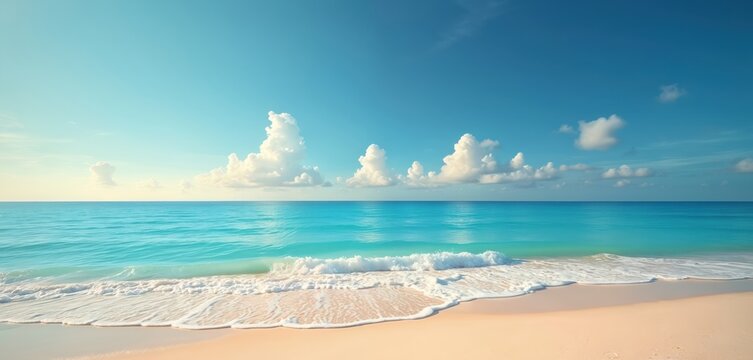 Sandy beach meets turquoise sea under clear blue sky with soft clouds. Calm waves touch shore. Summer vacation scene depicts tranquil tropical paradise. Ideal background for tour, travel.