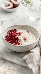 Creamy coconut bowl with pomegranate and shredded coconut on marble background