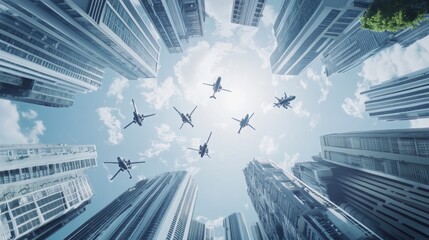 Electric air taxis flying over a smart city during the day. Featuring green energy and efficient transportation