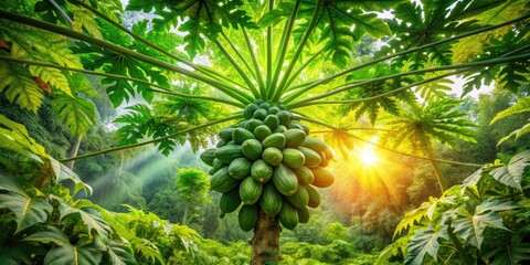 Fototapeta premium Lush green papaya leaves burst with vibrant life in Ecuador's Amazon rainforest.
