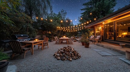 Nighttime backyard patio with fire pit, string lights, and dining area.