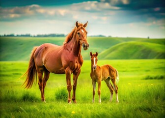 Obraz premium Lush green pasture, a striking red mare and her foal, minimalist equine image.