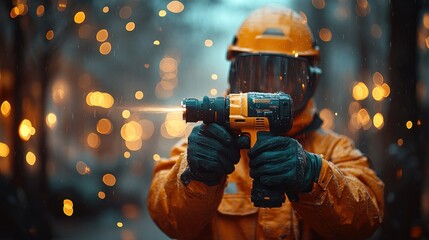 Worker in Protective Gear Using Power Drill in a Snowy Setting