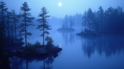 Misty Lake Serenity: A Twilight Embrace of Nature's Tranquility