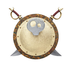 Naklejka premium Round Gold Shield With Skull Design and Crossed Swords. 3D Illustration. File with Clipping Path