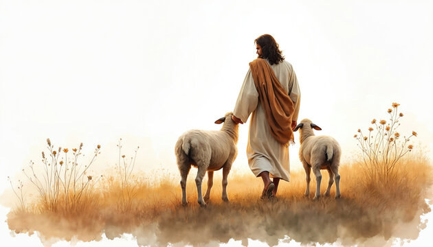 Watercolor illustration depicts Jesus Christ as shepherd with two lambs in a meadow. Biblical scene of shepherd guiding sheep, shows protection, faith, care and peaceful pasture.