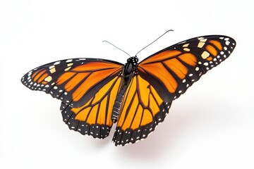 Fototapeta premium a majestic monarch butterfly in flight, captured in extreme macro detail, wings spread against pure white, showcasing intricate orange-black patterns and delicate wing structure