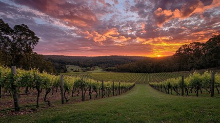 Fototapeta premium Vibrant Sunset Over Rolling Vineyards