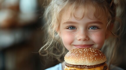 Naklejka premium cute little white girl eating tasty cheeseburger close up