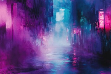 Neon-lit alleyway with fog and reflections at night