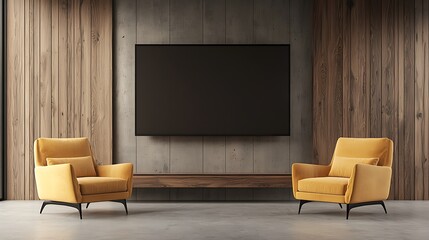 Stylish minimalist living room featuring yellow chairs and modern tv design