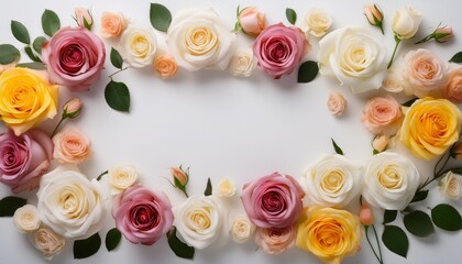 白とピンクと黄色のバラの花のフレーム背景。背景は白色。コピースペースあり。aiで生成