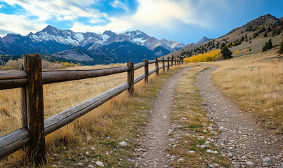 Rustic wooden split-rail fence harmoniously set beside a scenic mountain trail in natural splendor majesty