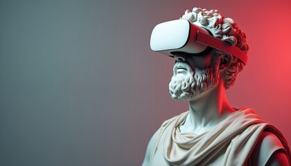 Marble statue in VR headset. Classical art meets modern technology, explore history, philosophy in digital dimension, visualize future. Creative blend tradition, innovation. Virtual reality art